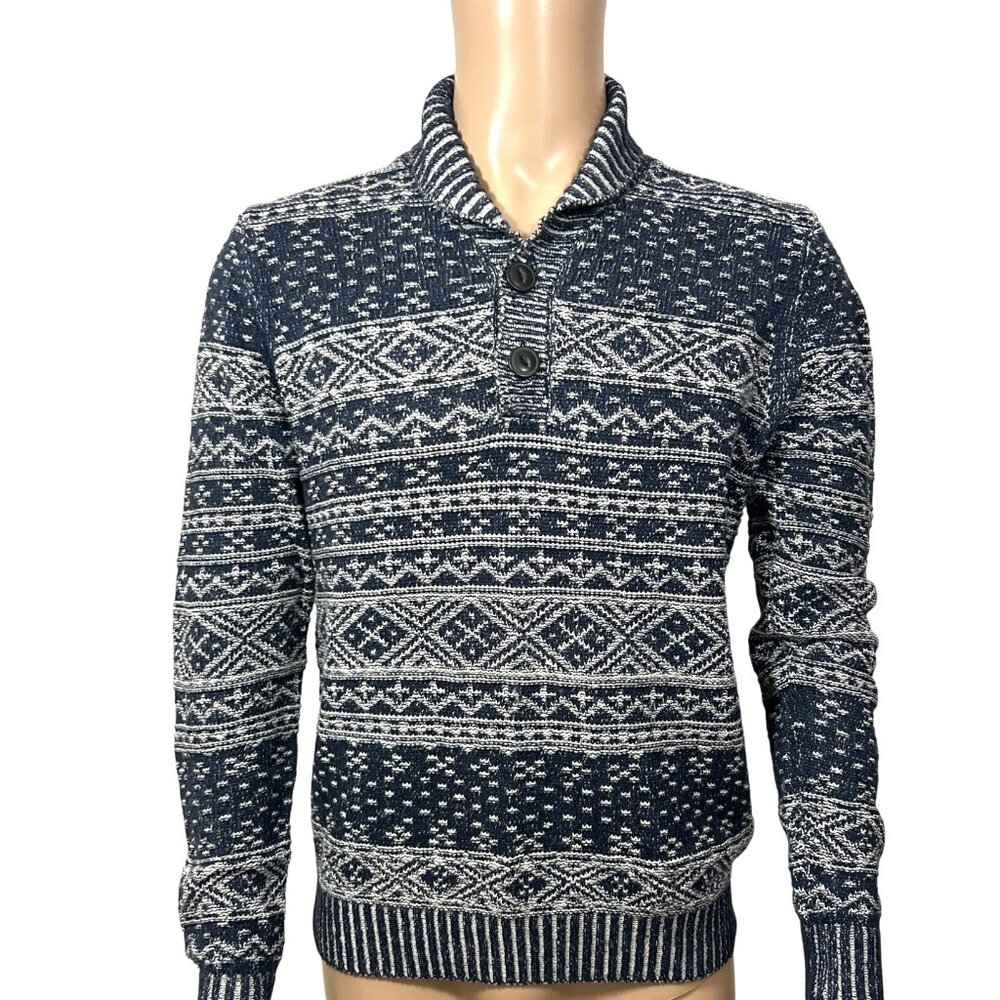 JC Penny Mens Vtg Fair Isle Blue White Sweater M Long Sleeve Holiday Ski Collar